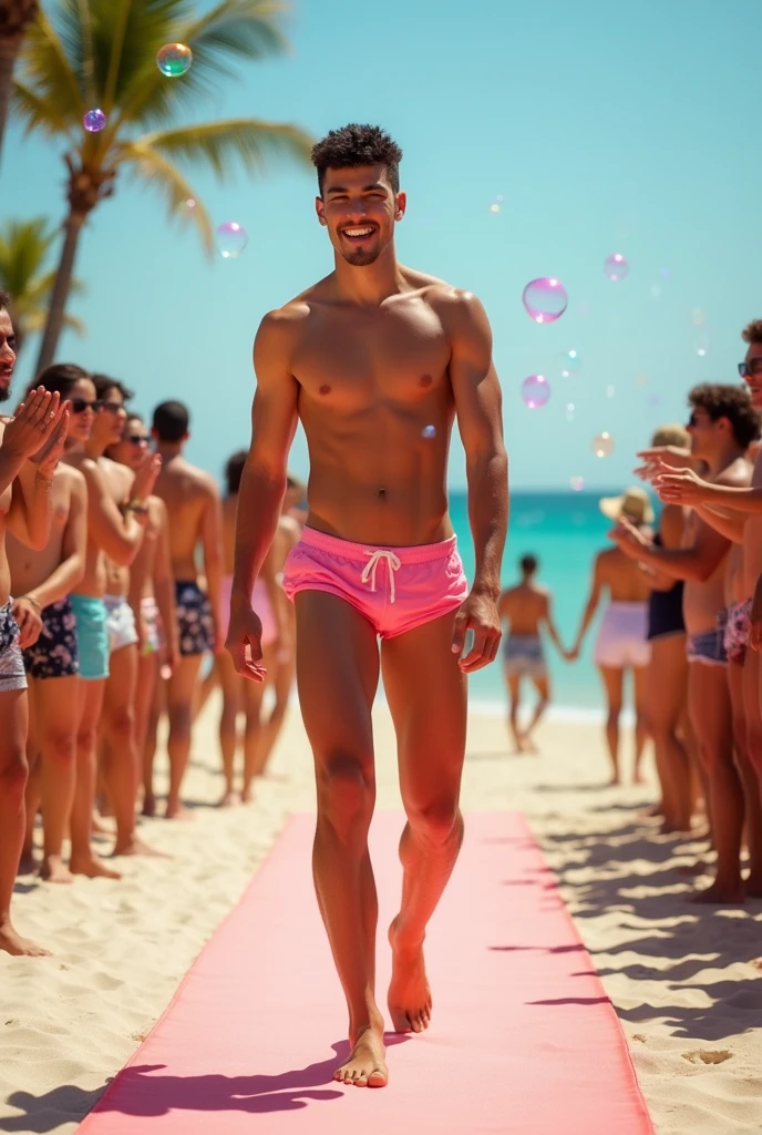 A handsome young man with a beautiful, thin, white face, fair and smooth skin, shirtless, wearing a pink swimsuit, short black hair, on a catwalk at a men's beach party, holding a beach ball in his hand, the audience applauding and celebrating with bubbles. A tall, thin, white, shirtless man.