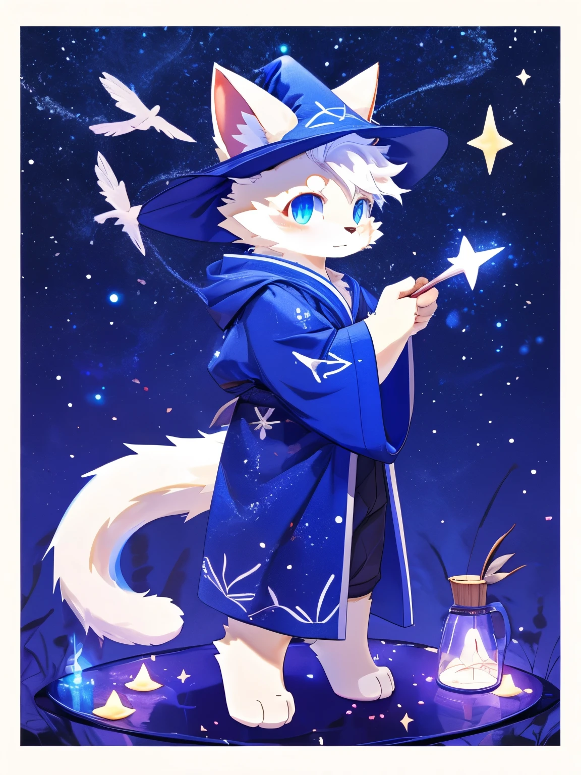 nj5furry,kemono,full-length portrait,anthro,hi res,male,White hair,Cat,Mage,Wizard Hat,Starry blue robe,Starry pattern,strong,Plush paw,Fluffy hair,Plush tail,A tail,Delicate eyes,Detailed eyes,(particle, Scattered letters, Starlight): 1.3