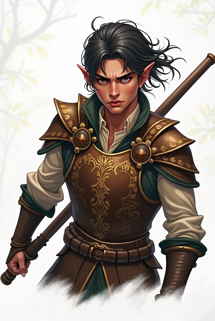 Young elf man, thin black hair, wearing leather breastplate and medieval clothes, anger, best high fantasy quality.