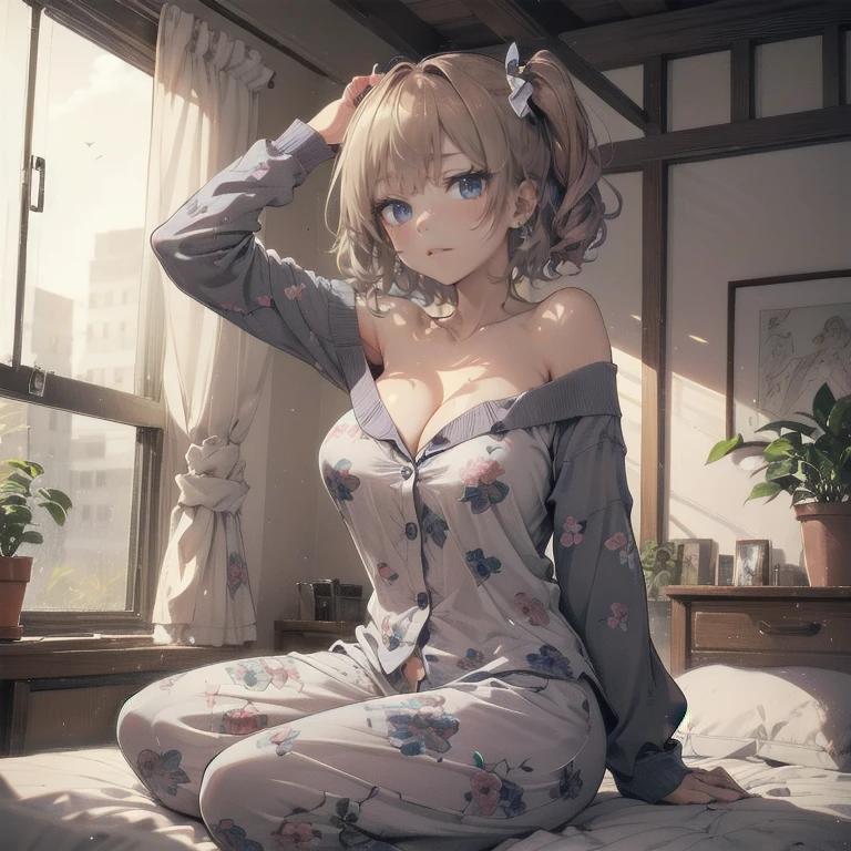 Anime Kawaii sexy Perfect Slim sensual body large breast and huge thighs, An intricate and highly detailed illustration of anime (Young girl) (masterpiece:1.2), Detailed fingers, Beautiful woman, Sitting on the bed, She is wearing a loose off-the-shoulder top., Pajama pants, Short Curly Hair, indoor, Soft lighting, Background plants, Window with sunlight, Cozy rooms, Relaxed pose, Intricate details, Warm colors, Japanese schoolgirl, stretching arms upwards, yawn loudly