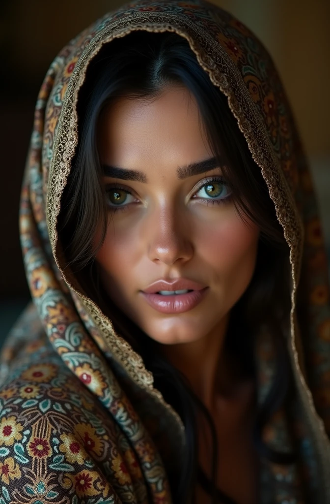 (best quality ,masterpiece,ultra high res,(photo realistic:1.4), Beautiful mature Women with Perfect Figure: 1.4, Slender Abs: 1.2, round juicy bouncy boobs, (Long pon Hair)), Highly detailed,Detailed Face and Skin and makeup, (Pose Seductive, whole Muslim shawl wearing, full nude laying on same design silk printed bed, see_through,catching pose,forward leaning posture,View from behind)