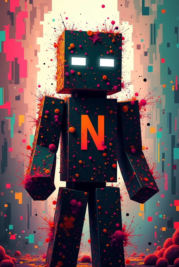 Create minecraft skin for error 422, the skin is very colourful, glitch type skin. In the boThe chest will be written "N", the eyes will be white, skin body is colourful red, green, yellow, white, pink, blue, orange, black ect