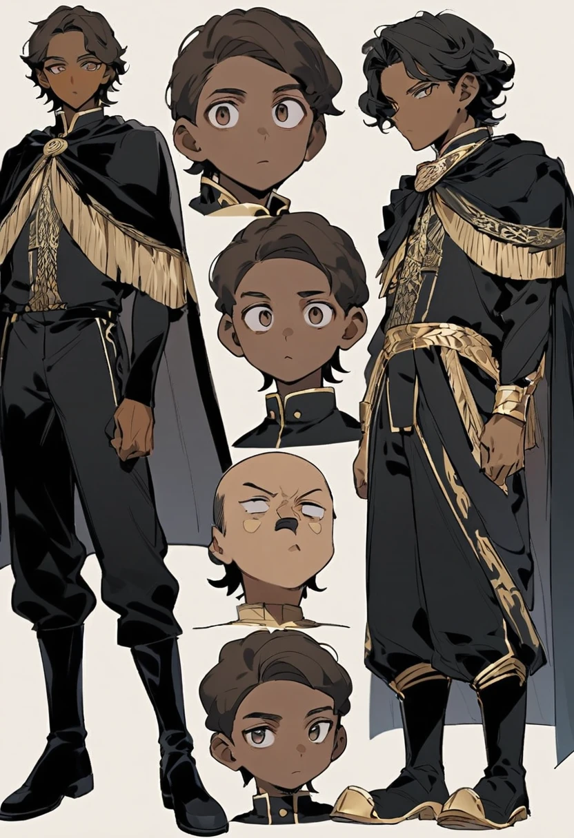 (Boy1),(Man of the masculine gender),(young),(Full body portrait:1.5),(17 year old teenager),(average physical height),(height 1.86cm),(Dark skin:2.0),(mixed facial caricatures oval face and thick flat nose but a little thin And big mouth but smaller and a little thin),(short curly hair on both sides),(dark brown eyes),(young appearance of a teenager),(Wearing),+,(an 8th century emperor's outfit consisting of a still shiny black cape and black pants with black boots with gold lines and a blouse with black sleeves with gold)
