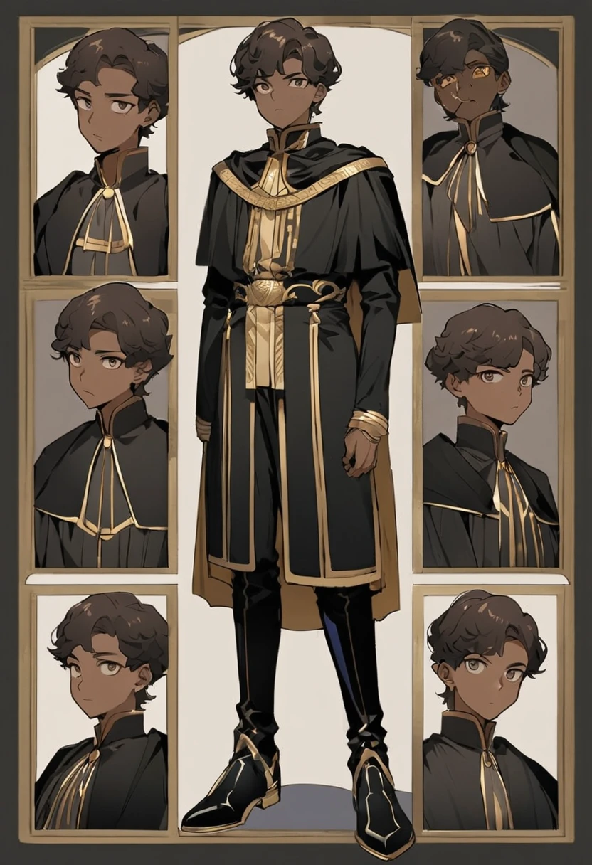 (Boy1),(Man of the masculine gender),(young),(Full body portrait:1.5),(17 year old teenager),(average physical height),(height 1.86cm),(Dark skin:2.0),(mixed facial caricatures oval face and thick flat nose but a little thin And big mouth but smaller and a little thin),(short curly hair on both sides),(dark brown eyes),(young appearance of a teenager),(Wearing),+,(an 8th century emperor's outfit consisting of a still shiny black cape and black pants with black boots with gold lines and a blouse with black sleeves with gold)