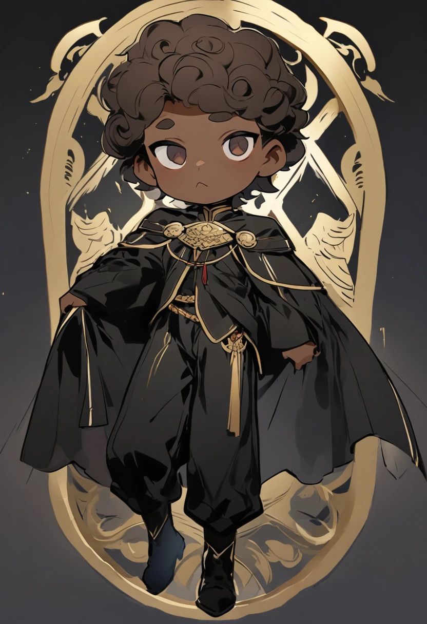 (Boy1),(Man of the masculine gender),(young),(Full body portrait:1.5),(17 year old teenager),(average physical height),(height 1.86cm),(Dark skin:2.0),(mixed facial caricatures oval face and thick flat nose but a little thin And big mouth but smaller and a little thin),(short curly hair on both sides),(dark brown eyes),(young appearance of a teenager),(Wearing),+,(an 8th century emperor's outfit consisting of a still shiny black cape and black pants with black boots with gold lines and a blouse with black sleeves with gold)
