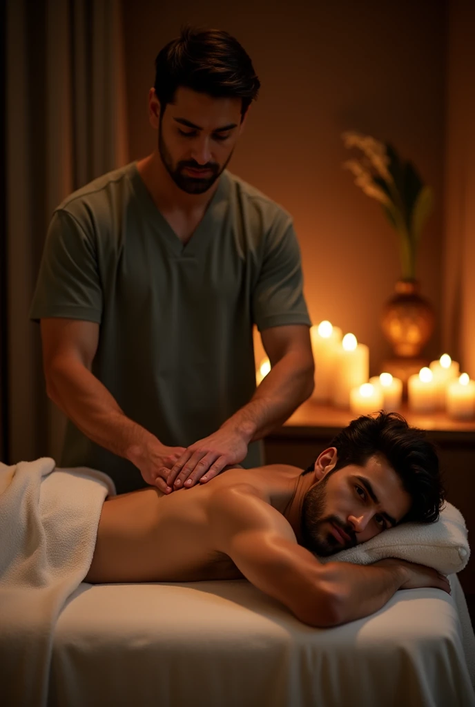 male masseur massaging a male patient marking the cock under a towel