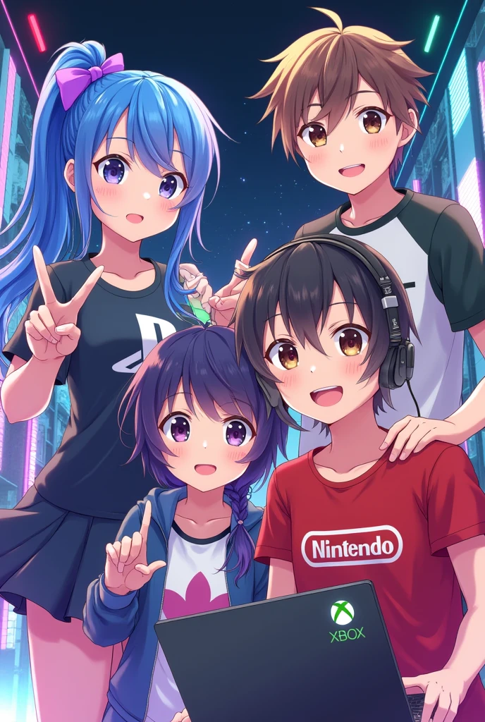 Une fille avec le logo Playstation, un garçon avec le logo Xbox, une fille avec le logo Nintendo, et un garçon avec le logo steam pourtant sur ses mains un ordinateur portable et un casque sur la tête anime