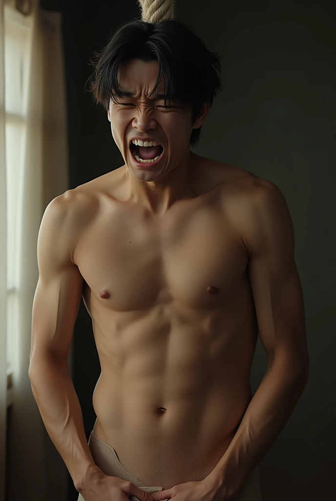 (Photorealistic:1.2、Highest quality、8k)、Looks like Sota Fukushi、Similar to Kentaro Sakaguchi、(Beautiful 18 year old boy、Man with beautiful face、Face enduring severe pain、Crying with a big mouth open )、He cries out loudly, clutching his crotch with both hands.、Sexual charm、Rape、sexual torture、Sexually attractive、Crushing a man's crotch、Big penis、Grabbing the man's crotch hard、Grab the crotch、Erotic photos、Scream in pain、Sexy posture、A boy is hanging from the ceiling with his arms tied with a rough rope、Sweat、、A brutal lynching、Brutal Lynching、Severe pain、The man is a black-haired Japanese man.、A beautiful face like a woman、Handsome、Erotic Pose、The rope is digging into her crotch、Full nudity、I&#39;m not wearing anything、The rope is tightening around the testicles、Actor、Naked、muscle、(Sweat:1.2)、Fine skin、(Film lighting)、Bright light、The lighting is bright、dojo、、Stripped naked、、double eyelid、(Fascinating crotch)、((excited))、Six Pack Abs、Phimosis、