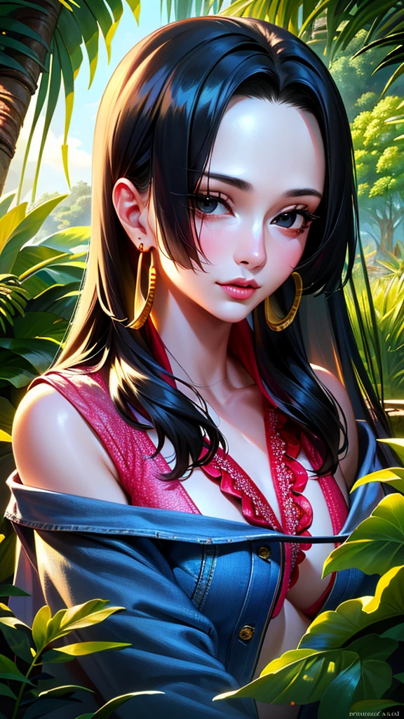 ultra realistic 8k cg, masterpiece, ((ultra detailed background, delicate pattern, intricate details, beautiful legs, highly detailed, best quality fine details, hyper detailed face)), (photorealistic: 1.4), beautiful lighting, absurdities, RAW photo, film grain, BoaHancockV2, 1girl, solo, black hair, long hair, jewelry, closed mouth, (((average breasts, skinny girl))), (red low cut bikini, denim earrings, black eyes, detailed background complex inside island environment with trees, flowers, birds in the sky), ((close-up, portrait)),