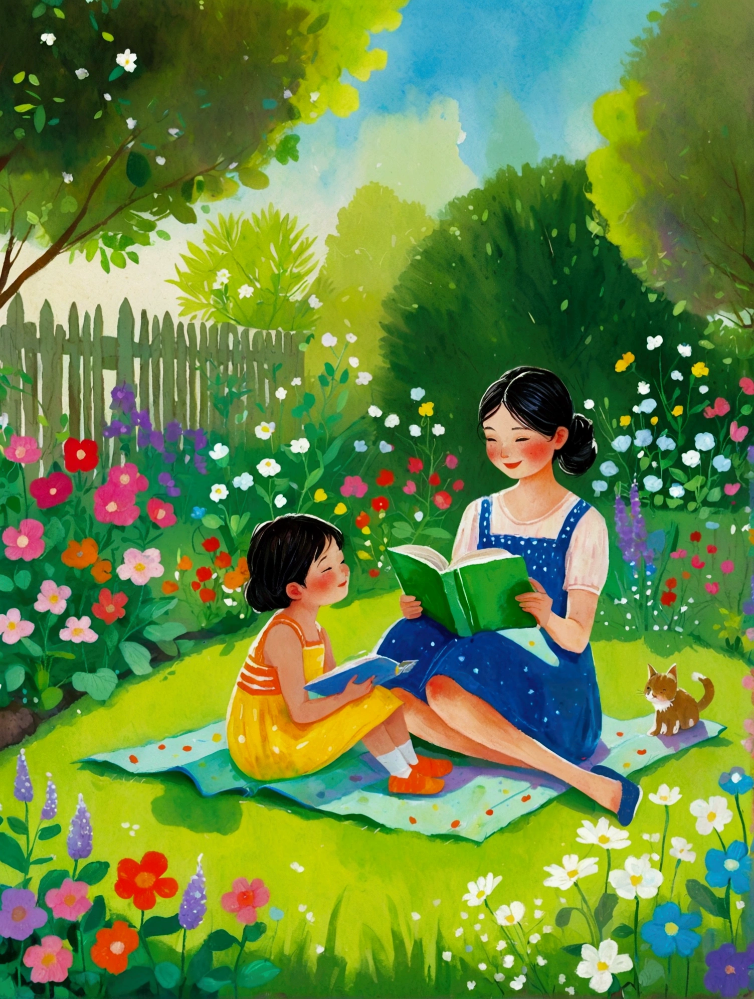 painting of a woman and child reading a book in a garden, children book illustration, children's book illustration, children’s book illustration, childrenbook illustration, childrens book illustration, kids book illustration, sitting in the garden, story book illustration, colorful kids book illustration, children's illustration, storybook illustation, illustration for children, in the garden, children's book art