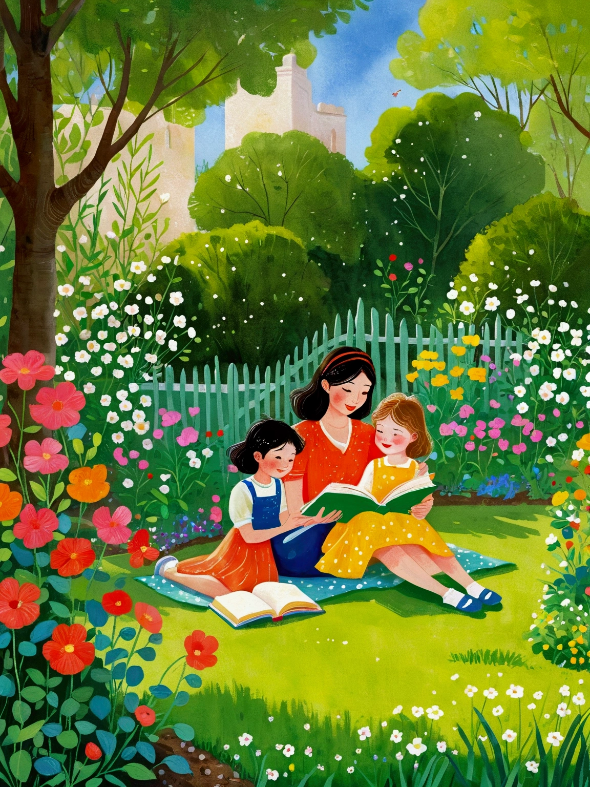 painting of a woman and child reading a book in a garden, children book illustration, children's book illustration, children’s book illustration, childrenbook illustration, childrens book illustration, book illustration, sitting in the garden, story book illustration, colorful kidsk illustration, children's illustration, storybook illustation, illustration for children, in the garden, children's book art