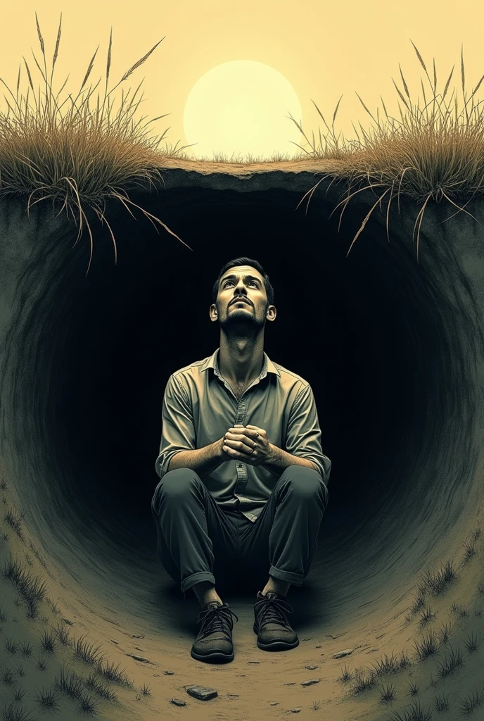 Man in a hole drawing, not in real life, sad
