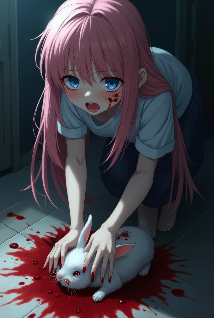 An anime girl with a rabbit on the floor, she's stepping on its head in her room. There's blood on the floor, she has a disgusted expression and the rabbit is dead. She has pink hair and blue eyes. The rabbit is injured. She is 18 years old. Her hair is long. Her hand is covered in blood and so is her face.