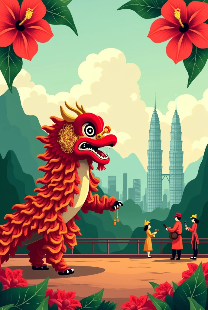 Simple poster about visit Malaysia, lion dance, one hibiscus flower, SHADOW PUPPETS, traditional instruments veena, green mountain, no human, klcc