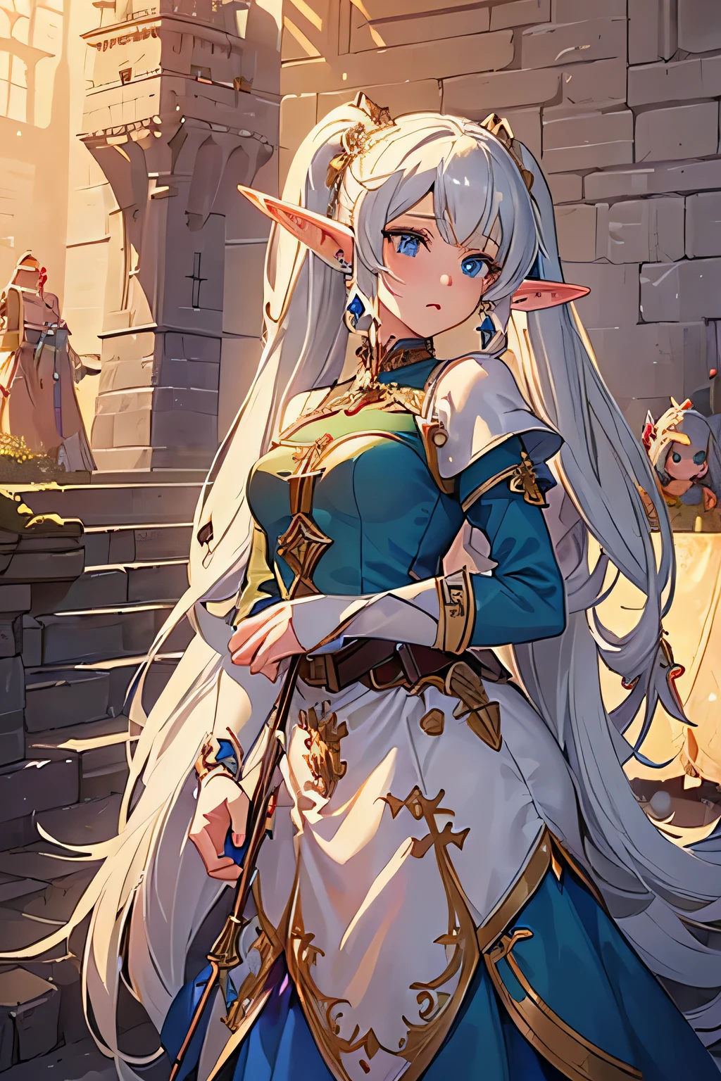 fine detail:2.0, high resorution:2.0, masterpiece:2.0,
(one female elf:1.5), blue eyes,
(hold long wand:1.2),
earrings,
(twin tail:1.5),
adventurer's white clothes,
stand up, fine detail of face,
upper body,
(castle's hall:1.8),
(stone wall:1.3),