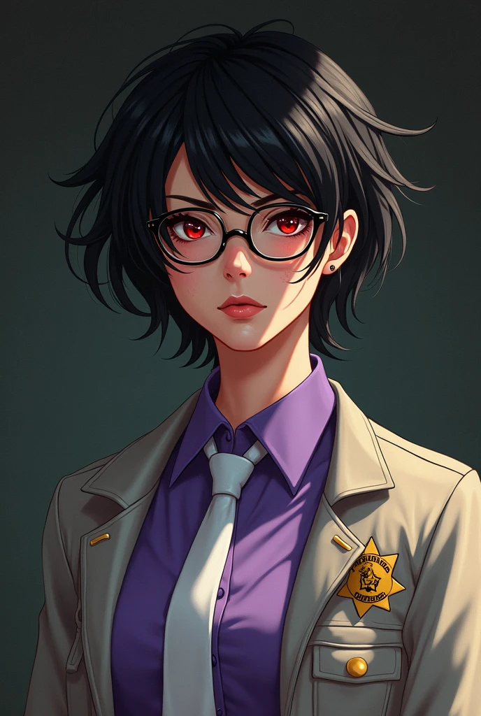 1girl, solo, super fine illustration, an extremely delicate and beautiful, best quality, masterpiece, 8K, short messy black hair, intense red eyes, round glasses, stern expression, facial scars, mature woman, strong facial features, purple collar shirt, white tie, light gray jacket, sheriff badge, portrait, close-up, realistic style, dramatic lighting, sharp shadows, professional attire, authoritative look, weathered skin, determined gaze, slight frown, anime influence, digital painting style