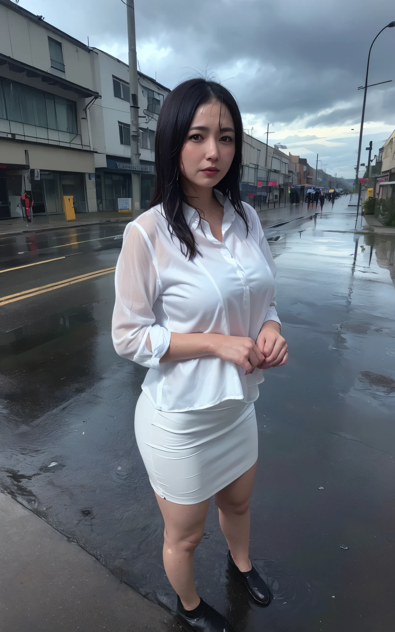 (masterpiece, Highest quality, One girl, Beautiful office lady, Very wet, soaked from heavy rain, Long black hair, Straight hair, White blouse, Dark Skirt,  saggy big breasts:0.3, big hip, big thigh:0.4, Serious expression, Street Background, Detailed Scene, Reflective Puddle, Dark Clouds, heavy rain, realistic rain effect)