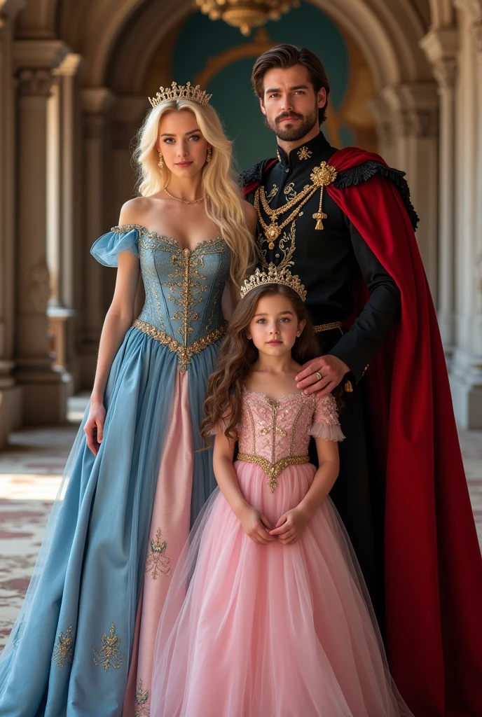 A queen with light blonde hair, blue eyes and pink and blue clothing tones And a king with brown hair, dark brown eyes and red and black clothing tones And a princess with brown hair, dark brown eyes and light pink and light blue clothing tones