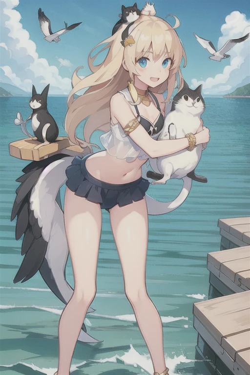 Hood \(warship girls r\),((masterpiece)),(((best quality))),((ultra-detailed)),((illustration)),((disheveled hair)),((frills)),(1 girl),(solo),1girl, ahoge, animal, animal hug, animal on arm, animal on head, animal on shoulder, anklet, bare legs, barefoot, beach, bikini, bird, bird on hand, bird on head, bird on shoulder, black cat, blonde hair, blue eyes, blue sky, boat, bracelet, breasts, bunny, calico, cat, cat on head, chick, chomusuke, clothed animal, cloud, cloudy sky, creature, crop top, crop top overhang, crow, day, dock, dog, dolphin, dove, eagle, ferret, flock, full body, hair ornament, hamster, holding animal, holding cat, horizon, jewelry, lighthouse, long hair, looking at animal, looking at viewer, mouse, navel, ocean, on head, open mouth, outdoors, owl, parrot, penguin, pet, pier, pigeon, railing, seagull, see-through, shirt, sky, small breasts, smile, solo, squirrel, standing, surfboard, swimsuit, water, watercraft, white cat,
Moderate legs,