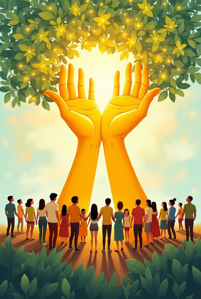 An image where two yellow hands raised high form the crown of a tree, a patch of leaves where at the foot of this tree people of different ethnicities connect
