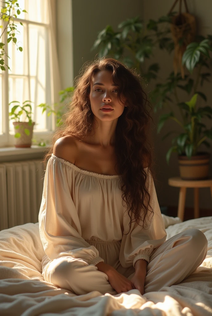 (photorealism:1.2), beautiful woman, sitting on bed, wearing loose off-shoulder top, pajama pants, long curly hair, indoors, soft lighting, plants in background, window with sunlight, cozy room, relaxed pose, realistic, intricate details, warm colors, by Greg Rutkowski, by Alphonse Mucha
