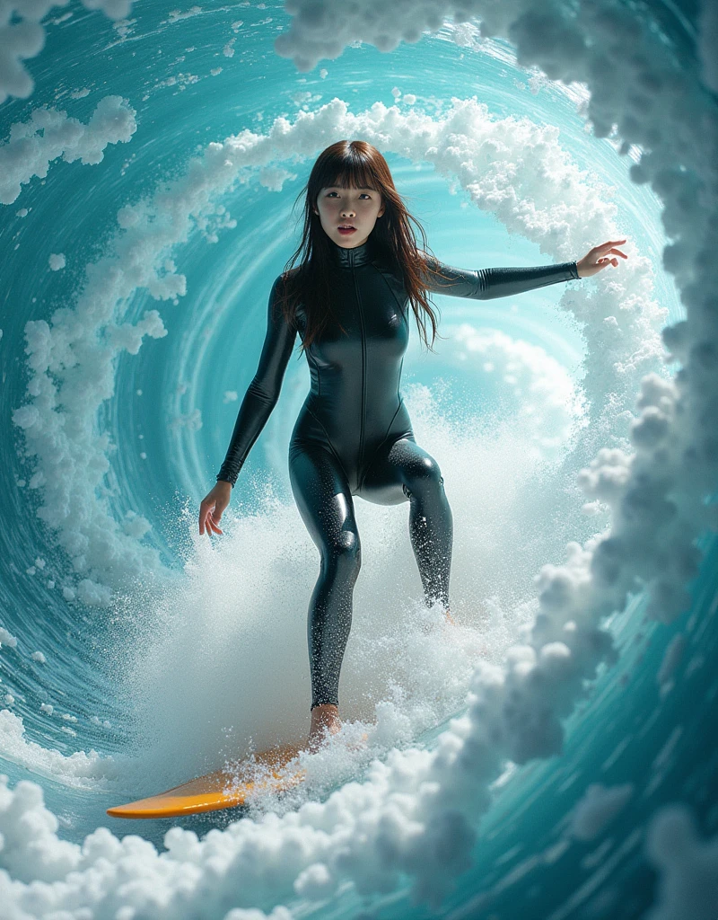 ultra-realistic, photorealistic, (20 years old Japanese famous idol girl:1.5), very beautiful Japanese but professional surfer, surfing on the huge vortex in the giant washing machine, with a lot of laundry, dynamic surfing pose, masterpiece, (face focus:1.6), beautiful eyes, wearing a stylish wetsuits for surfing, very large breasts, beautiful face, very surprised expressions