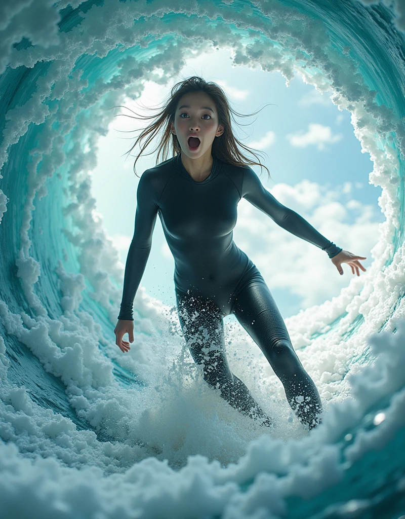 ultra-realistic, photorealistic, (20 years old Japanese famous idol girl:1.5), very beautiful Japanese but professional surfer, surfing on the huge vortex in the giant washing machine, with a lot of laundry, dynamic surfing pose, masterpiece, (face focus:1.6), beautiful eyes, wearing a stylish wetsuits for surfing, very large breasts, beautiful face, very surprised expressions