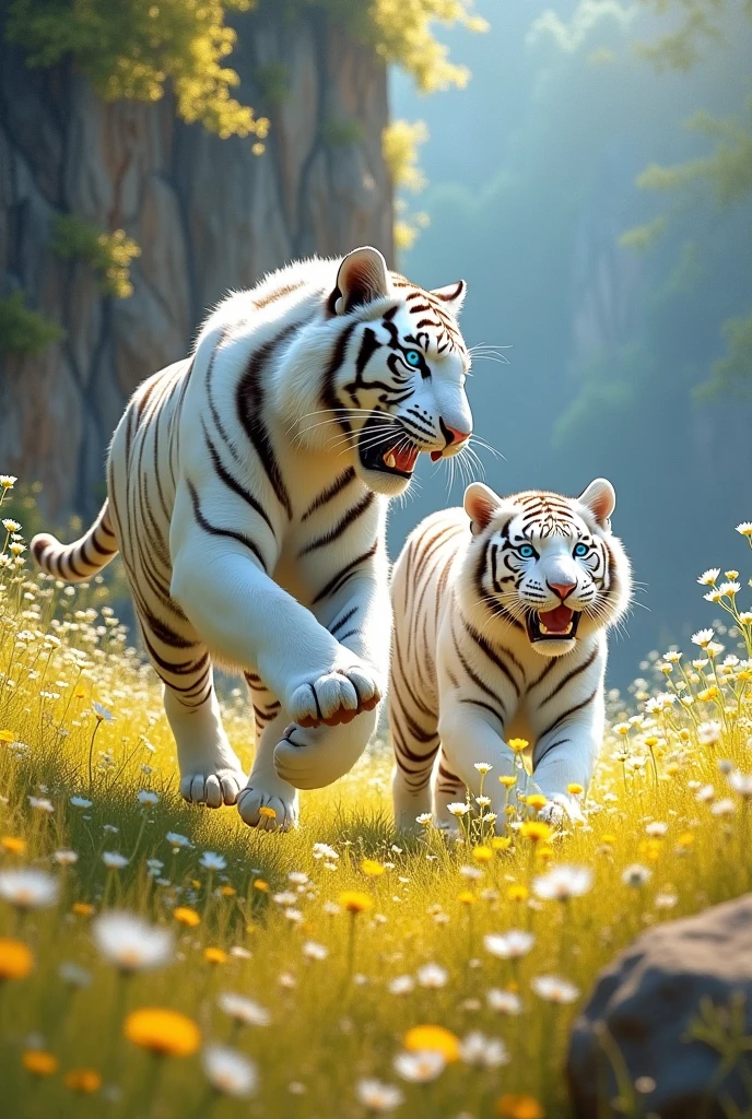 full lenght a Full-body picture with two large, beautiful white tigers, sea-blue eyes, running and playing with each other amidst the beauty of a field of small, light yellow flowers, going with the wind. The corner of a steep cliff has small flowers growing all around, beautiful, glowing and sparkling light. Three-dimensional picture, oil painting, sharp picture, art picture of Professor Chalermchai.
