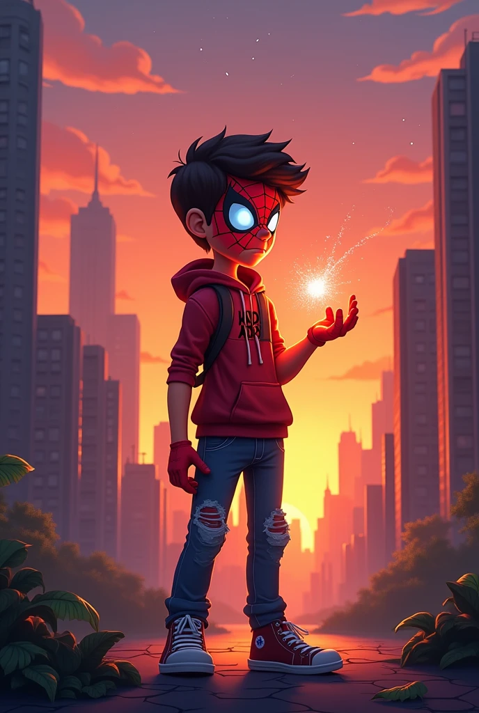 Animated lonely boy with a power hand and a spiderman mask on his face
