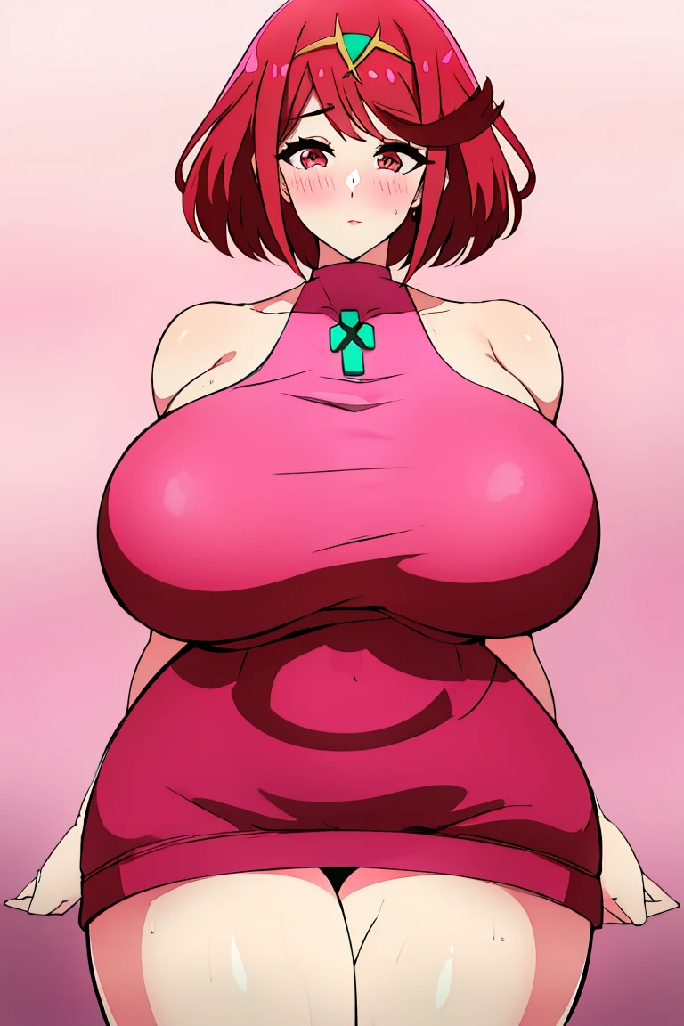 best quality, high resolution, large breasts, blush, embarrassed, cowboy shot, looking at viewer, pyra, pink lip, sexy legs, heels, sexy pose, (((gigantic breasts))),