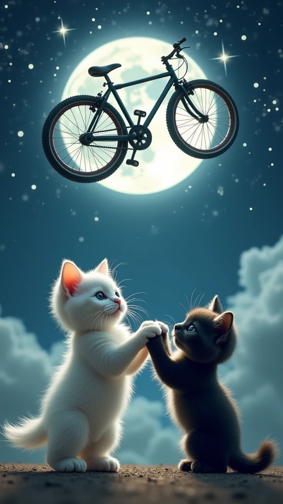 A white kitten and a black kitten are holding hands.、Big Head、Flying Bicycle、Full night sky、full moon、silhouette