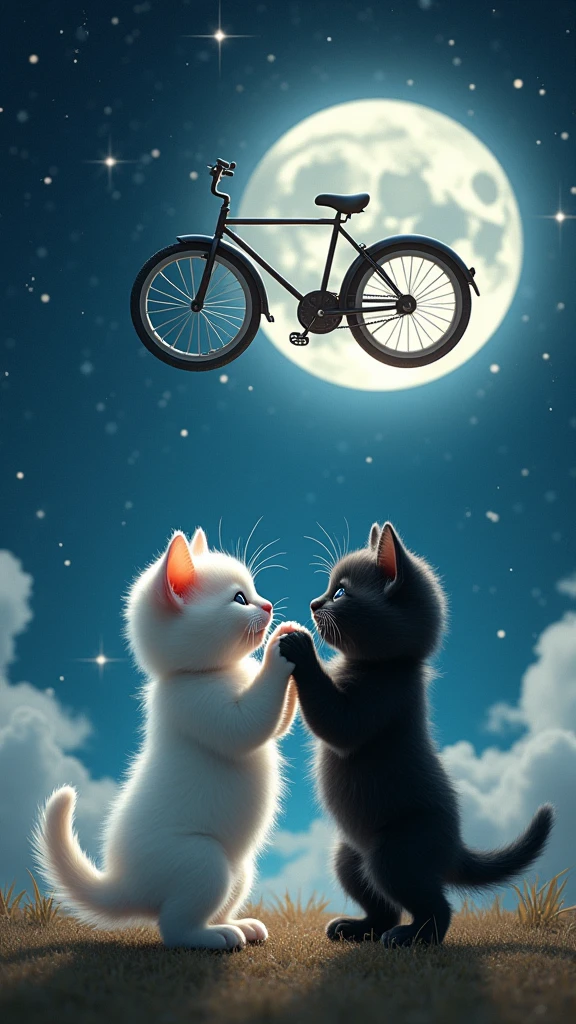 A white kitten and a black kitten are holding hands.、Big Head、Flying Bicycle、Full night sky、full moon、silhouette