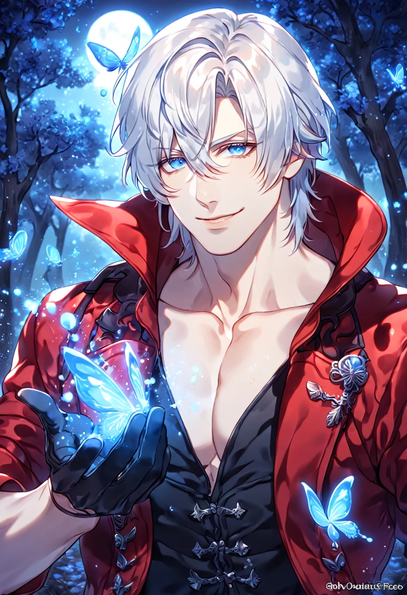absurdres, highres, ultra detailed, HDR, master piece, best quality, Dante, white hair, expressive blue eyes, Devil May Cry, solo, sexy man, handsome, sensual, smile, manly man, red coat, black vest, unbuttoned, black gloves, magical, fantasy, under a blue tree, blue flames, blue moon, blue fireflies, blue roses, blue butterflies, glass magic