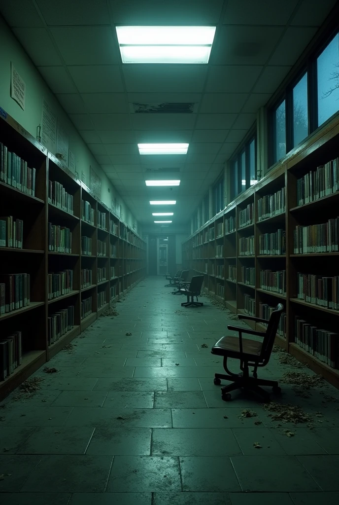 Create an image of an empty floor plan of a university library hallway from the 2000s., at night, abandonned,