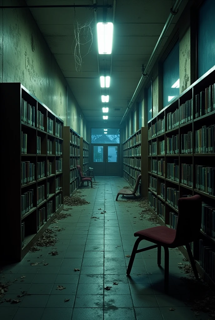 Create an image of an empty floor plan of a university library hallway from the 2000s., at night, abandonned,