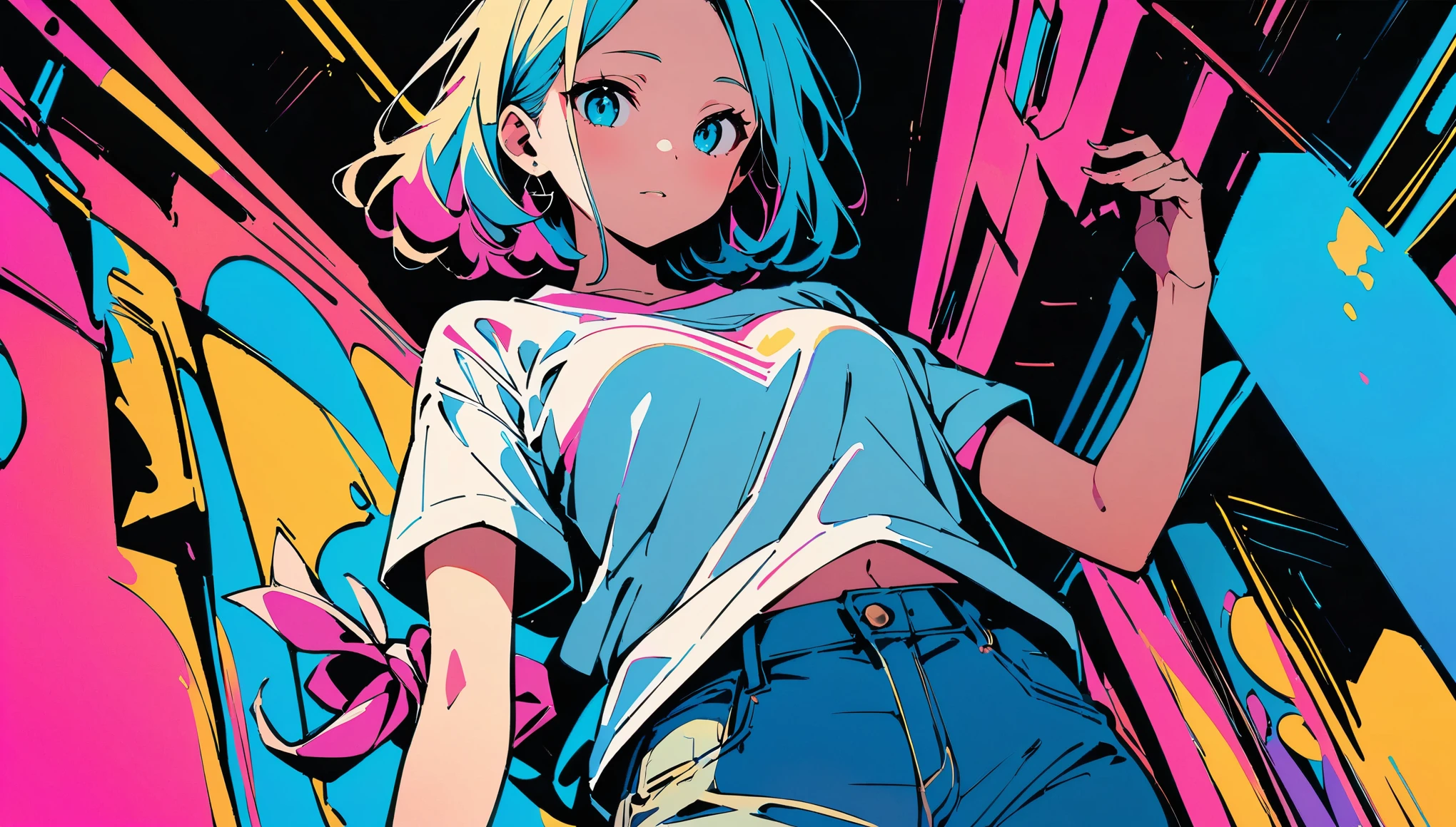 high quality, 8k, 4K, High Contrast, masterpiece:1.2, 最high quality, Best aesthetics), (Dynamic Angle), ((1 female)), ((Flat Color)), ((Colorful art)),Plain T-shirt,jeans, Looking at the audience, Upper Body, Colored Background, High Contrast, Contrasting colors, Cowboy Shot,Pale pink and blue lighting,Hair is tied,belly on