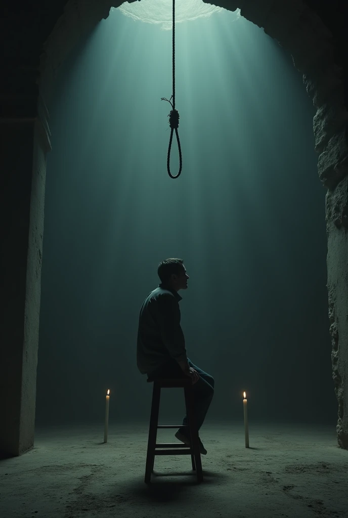 A top of the stool sitting man ready to suiciding in a dark wide room with hang up 
Size 1920x1080 p