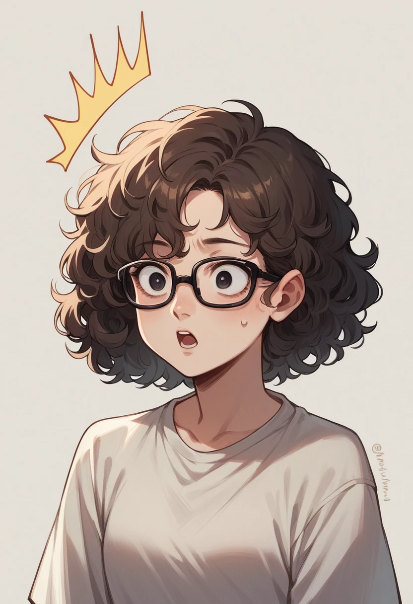 anime girl , with short brown curly hair, black glasses and black eyes surprised looking straight ahead