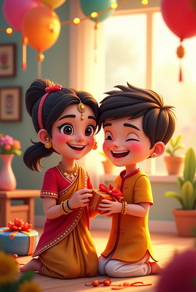 Imagine happy rakshabandhan brother and sister cartoon whith rakhi and gift