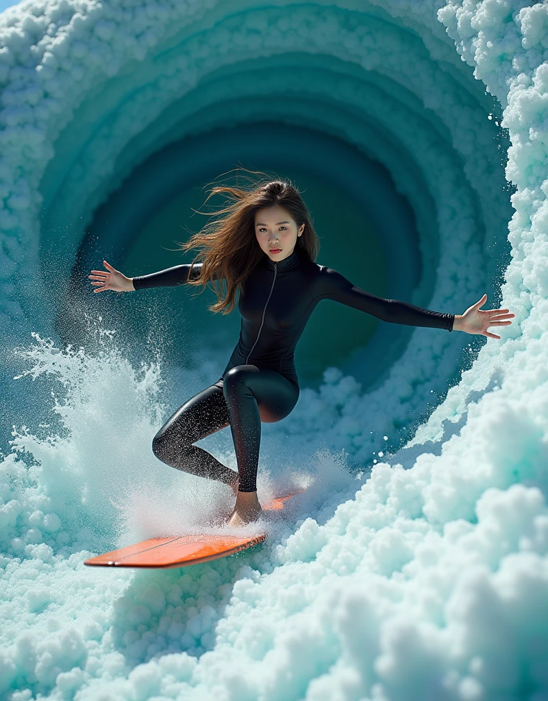 ultra-realistic, photorealistic, (20 years old Japanese famous idol girl:1.5), very beautiful Japanese but professional surfer, surfing on the huge vortex in the giant washing machine, with a lot of laundry, dynamic surfing pose, masterpiece, (face focus:1.6), beautiful eyes, wearing a stylish wetsuits for surfing, very large breasts, beautiful face, very surprised expressions