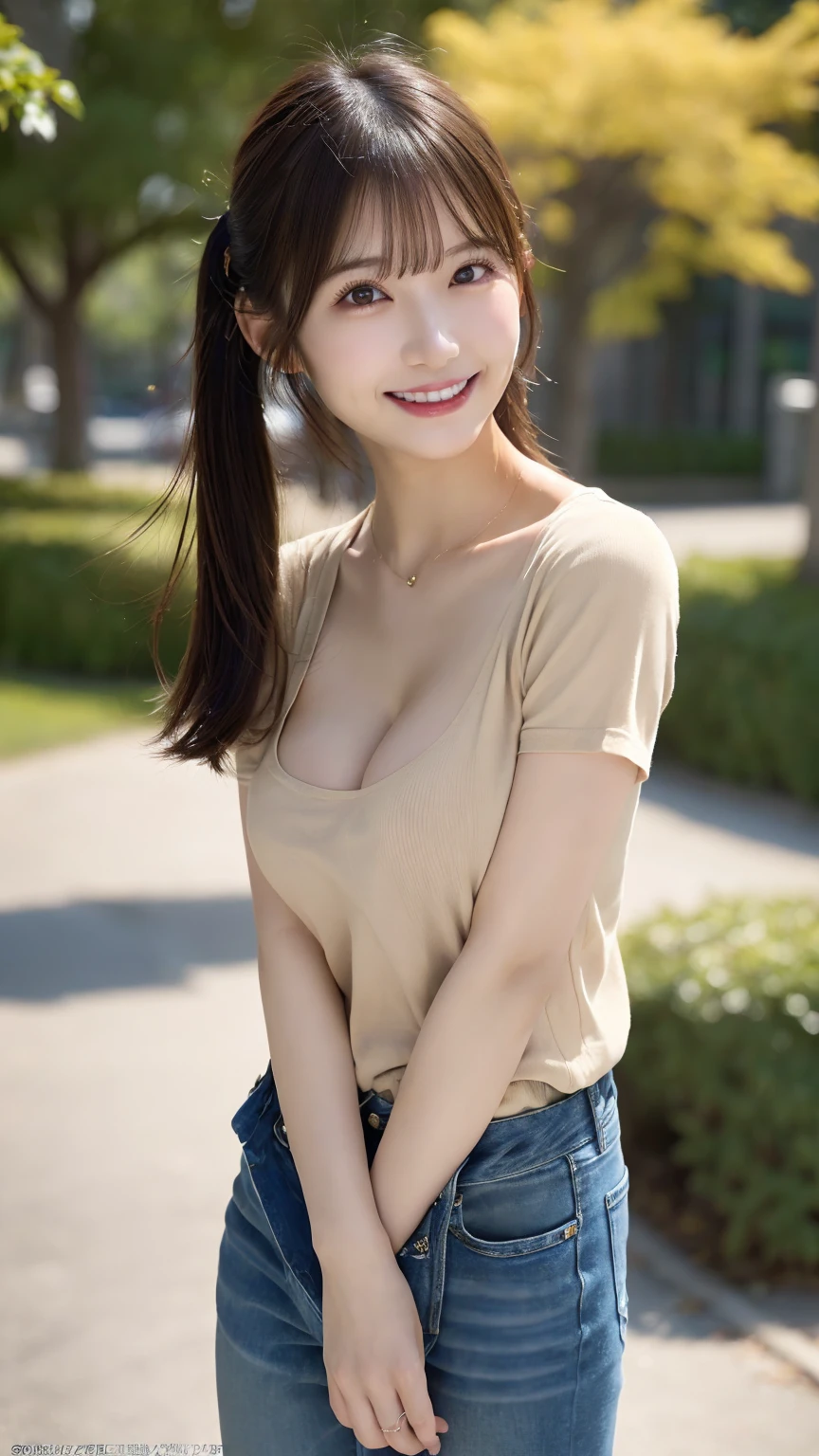 Ultra-realistic), (An illustration), (High resolution), (8k), (Very detailed), (最高のAn illustration),(Raw photo, Best Quality), (Realism, Photorealistic:1.4), Mastepiece, Very delicate and beautiful, Extremely detailed, 2k wallpaper, amazing, Fine details, Very detailedなCGユニティ8kの壁紙, Super detailed, High resolution, Beautiful detailed girl, Very detailedな目と顔, Beautiful detailed nose, Beautiful detailed eyes,Cinematic Lighting,Perfect Anatomy,Perfect promotion,(A shy smile, Beautiful Face), ((Perfect Legs, Perfect legs, Perfect hands, Perfect hands指, Perfect Arms, A shy smile, The mouth is perfect)), Looking straight at the camera, Bangs and ear bangs、necklace、 (((A cute Japanese girl wearing denim pants)))、 (((A beautiful 20-year-old Japanese girl wearing a beige T-shirt))), (((H cup )))、(((Bursting Busty!!!!!!) (((Huge boobs!!!!)))、((Hreasts))、(((Attractibreasts!!!!!!))), ((((Futing)))),  ((((Twin tail hair)))),  ((Solo Photo)),  ((Black Hair)), ((((Beautiful smile)))), (Slender body), ((Standing in a seductive pose in the park)),  ((Emphasis on cleavage))