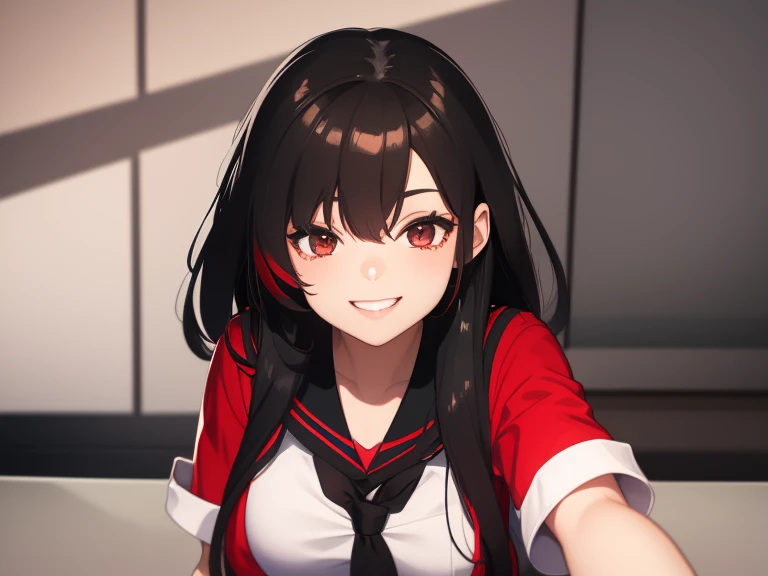 young girl, black hair with a red streak, a smile and is wearing a school uniform