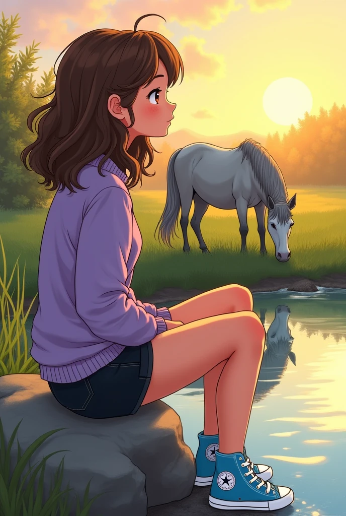 A teenage girl, medium-length wavy brown hair, a nose pointing to the sky, des paumettes rougies, des yeux marrons qui est assise de profile sur une pierre au bord d'une riviere. She has wide hips, wearing a short lilac-colored sweater, un short en jean noir, sky blue and white high top shoes. She is looking to the left, donc on la voit de profil. Background, il y a le lever du soleil. As well as a horse grazing in the grass behind. Le cheval juste une simple cordelette autour de son cou. It is a fjord horse with a gray coat. Il a une tache en forme de coeur sur la croupe. Its mane is short. On les voit de loin.
C'est un dessin simple