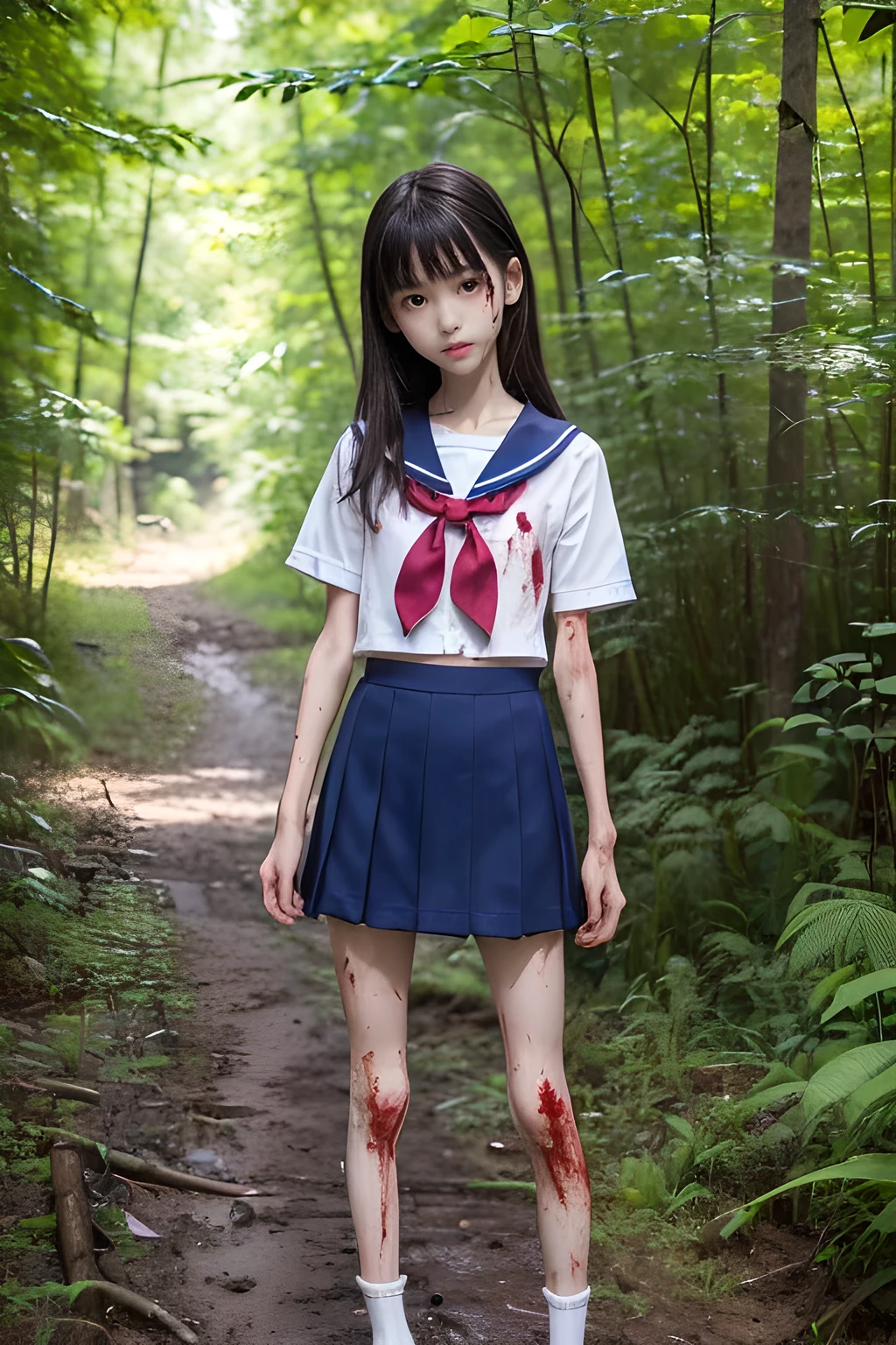 (8K、RAW Photos、highest quality、masterpiece:1.2), (Realistic、Photorealistic:1.2), (High resolution skin:1.1), Beautiful young girl,japanese, 13 years old,small breasts,(Slender girl:1.4),(Thin legs:1.5),dark blue mini skirt,sailor suit, (White high socks), Short sleeve,sneakers, whole body,forest,standing,(muddy),(wounds,bloody legs:1.3)