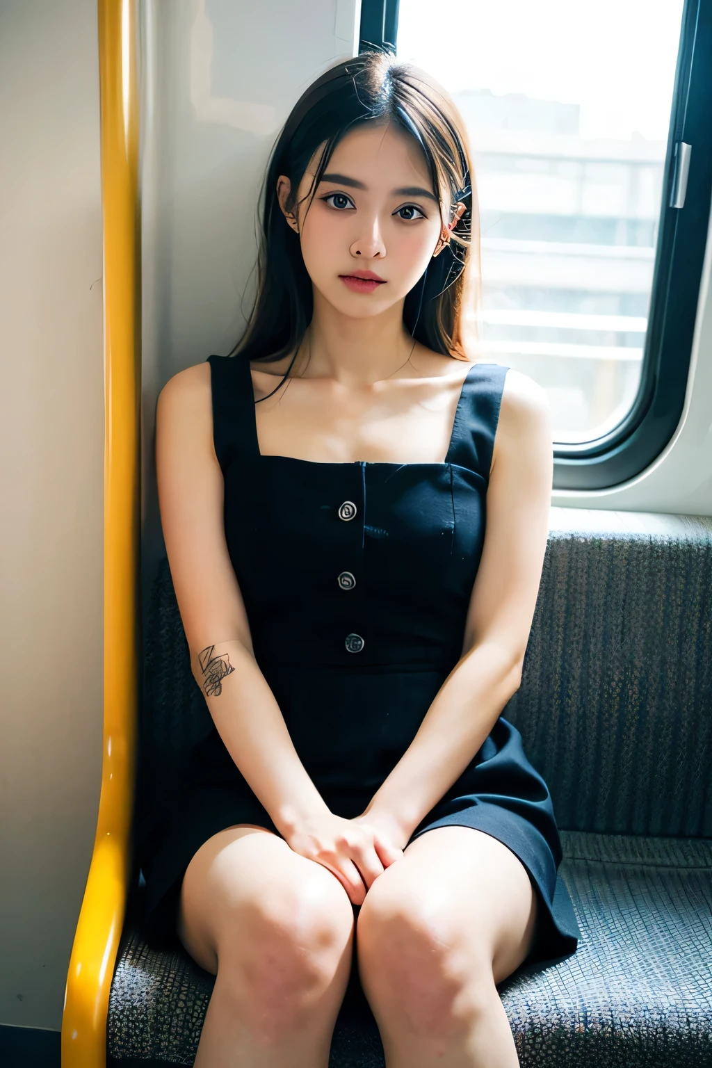 (masterpiece, Highest quality, 8k, RAW Photos, beautifully、aesthetic:1.2), Intricate details, indirect lighting, Realistic,
whole body, Sitting on a chair on the train、Staring at the viewers、Voyeur、
Square neck button-down linen sundress, (Ultra-realistic pantyhose)、
Training women , Chair to sit under skirt,Ultra mini skirt、Gaze,カウボーイショット, ショートボブヘア、