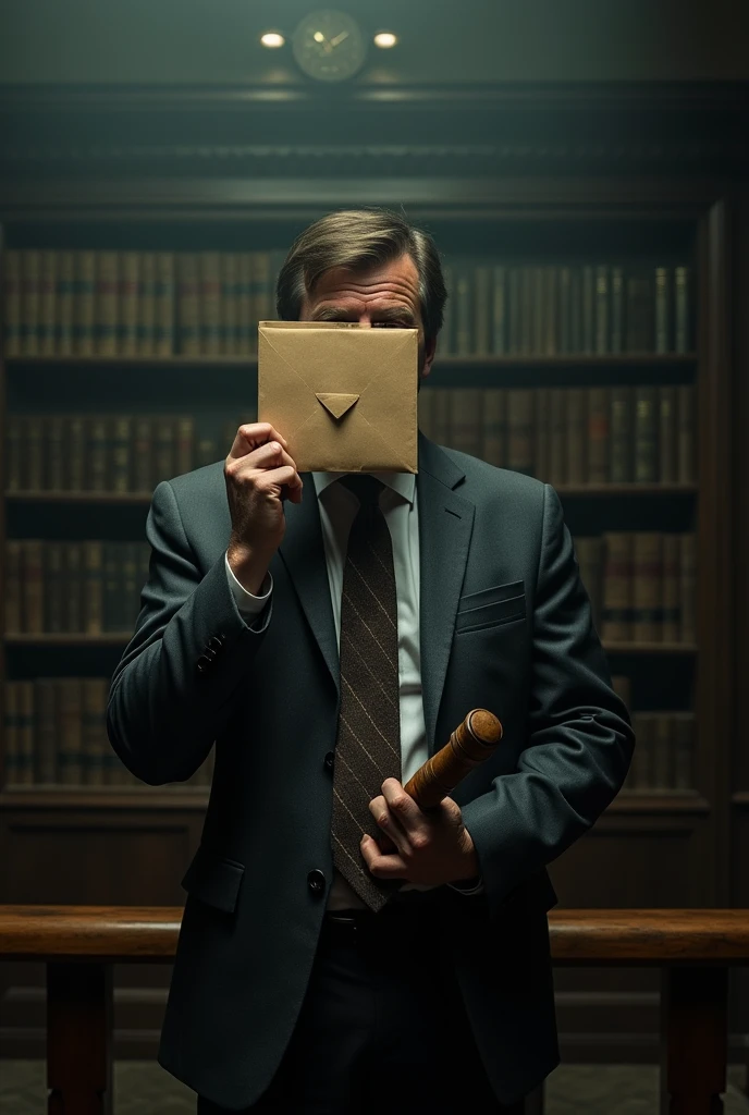 lawyer with crooked gavel, blinded with brown envelope 