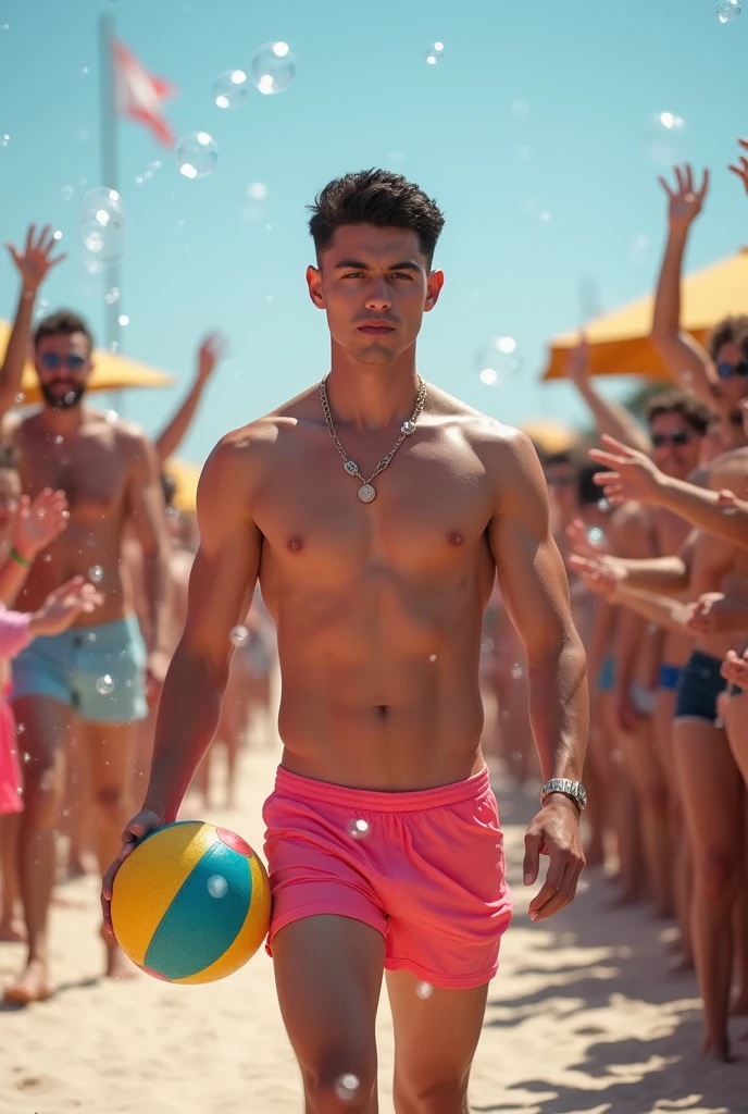 A handsome young man with a beautiful, thin, white face, fair and smooth skin, shirtless, wearing a pink swimsuit, short black hair, on a catwalk at a men's beach party, holding a beach ball in his hand, the audience applauding and celebrating with bubbles. A tall, thin, white, shirtless man.