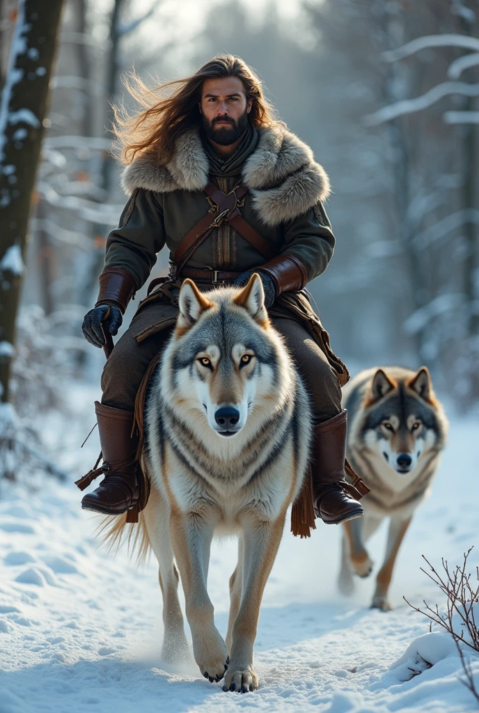 Light brown man, full long hair , strong bodie. bonitas. Wearing medieval clothing with animal skin. In the snow on horseback with a wolf beside