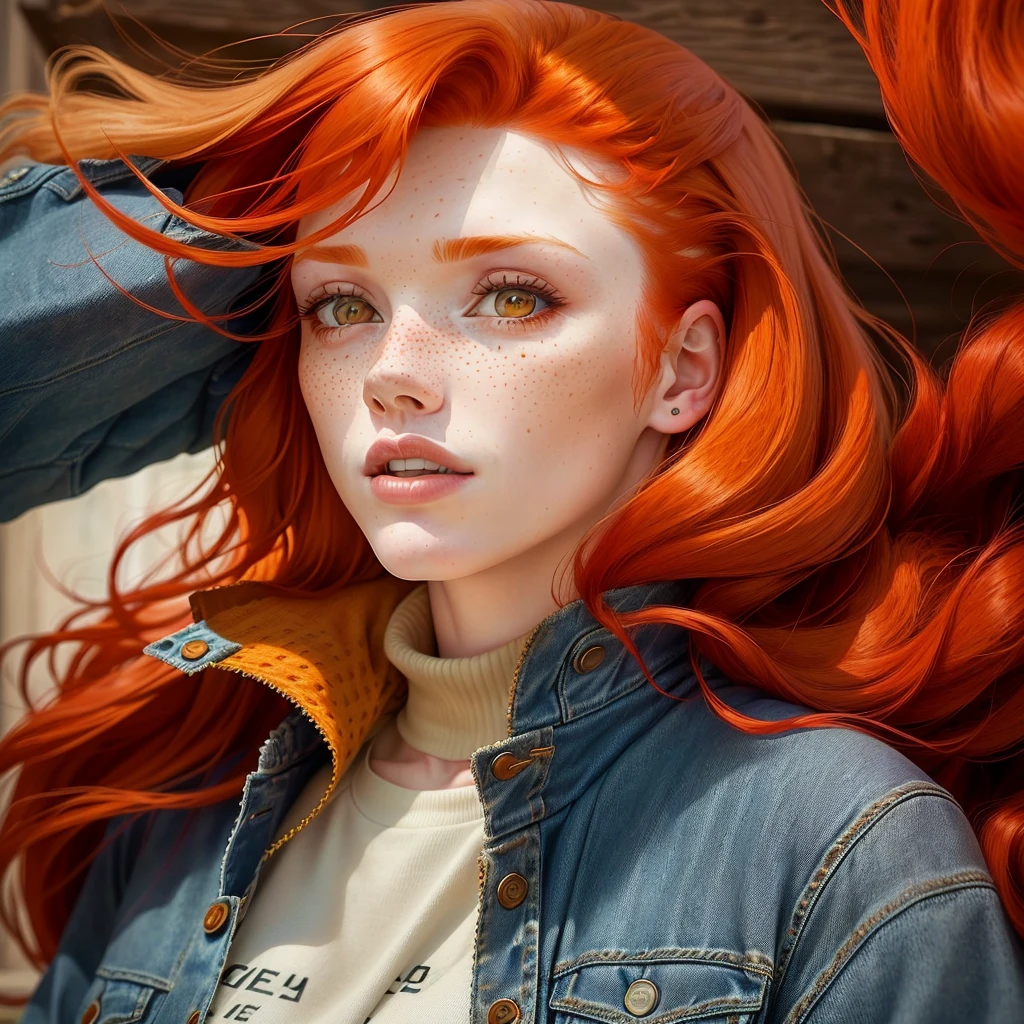 arafed woman with freckles and a denim jacket on, ginger hair with freckles, red hair and freckles, redhead woman, redhead girl, red haired young woman, a redheaded young woman, freckled, red hair and attractive features, red head, red hair girl, red haired girl, beautiful redhead woman, woman with freckles, woman with red hair, freckles