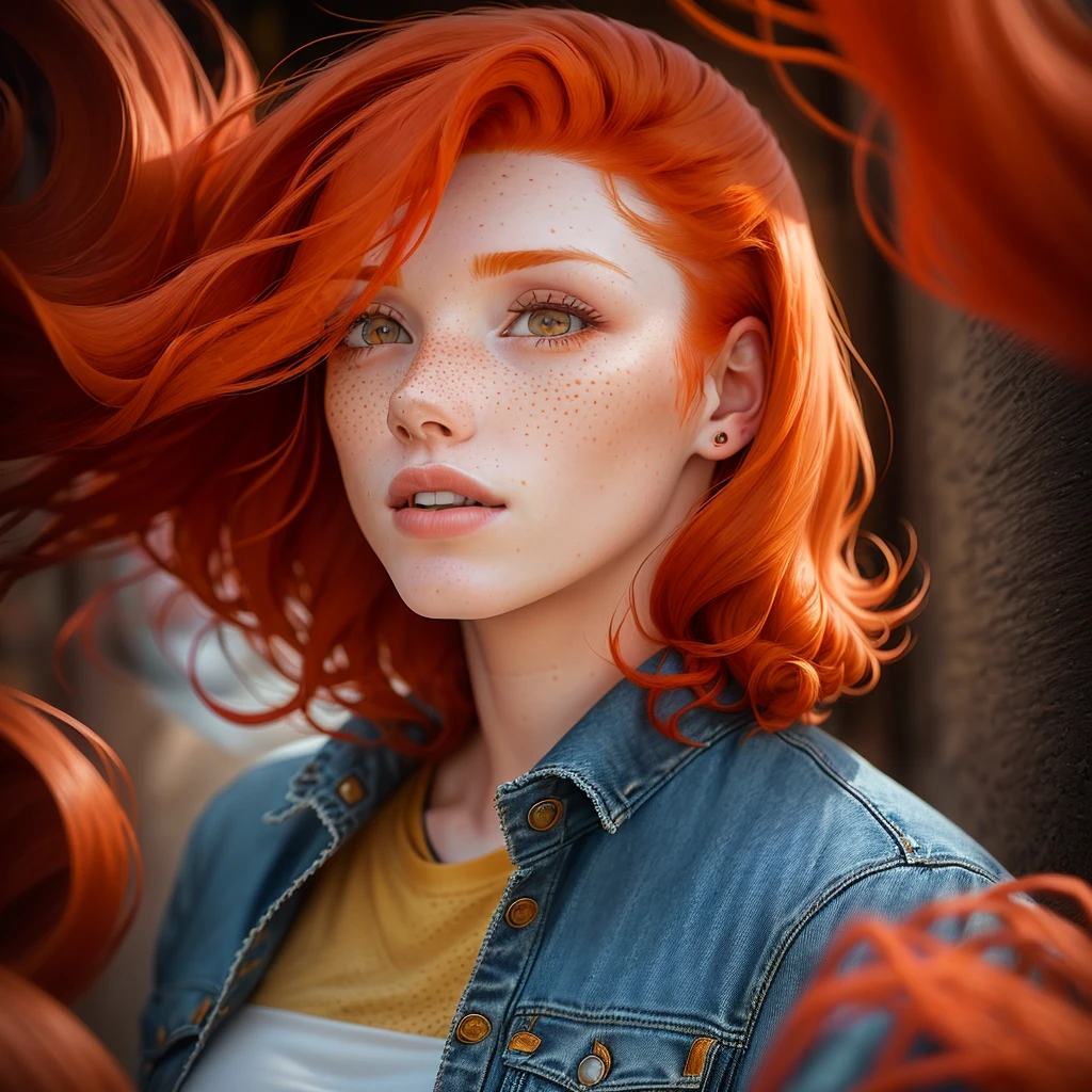 arafed woman with freckles and a denim jacket on, ginger hair with freckles, red hair and freckles, redhead woman, redhead girl, red haired young woman, a redheaded young woman, freckled, red hair and attractive features, red head, red hair girl, red haired girl, beautiful redhead woman, woman with freckles, woman with red hair, freckles